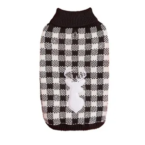 Black and white plaid pet sweater detail, cozy knit turtleneck with cute white deer motif.