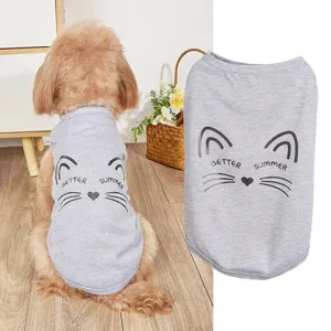 Grey summer cooling pet vest detail showing cute cat face print and funny English letters.