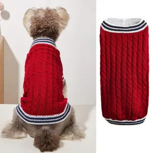 Red cable knit pet sweater detail, featuring stylish striped collar for dogs and cats.