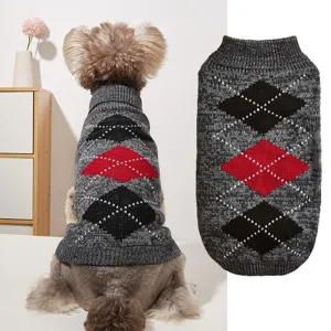Cozy knit dog sweater with argyle diamond pattern and lapel for small pets winter.