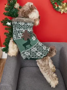 Close-up of pet dog knit sweater, festive reindeer pattern, plush hood and antlers.