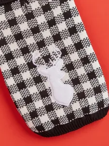 Classic black and white plaid pet knit sweater with cute white deer detail for dogs and cats.
