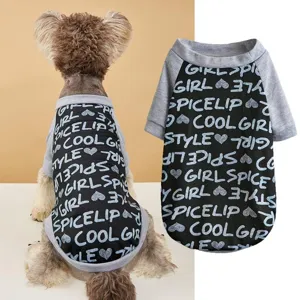 Detailed view of color-block pet t-shirt with stylish letter prints for small dogs.