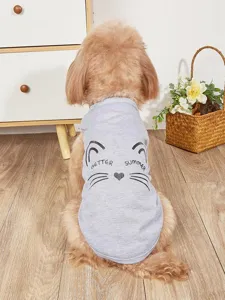 Grey summer pet vest with cute cat face print and English text, soft and breathable fabric.