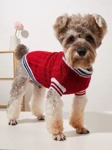 Detail view of red cable knit pet sweater with white navy stripe collar for dogs.