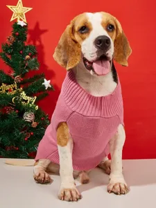 Detailed view of the cute pink knitted dog sweater worn by a beagle, perfect for autumn and winter.
