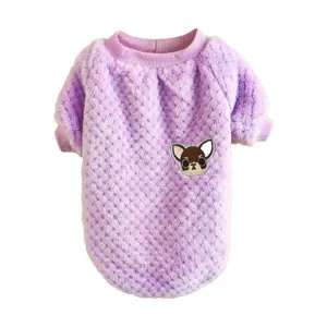 Detailed view of soft purple coral fleece pet sweater with cute embroidered dog logo.