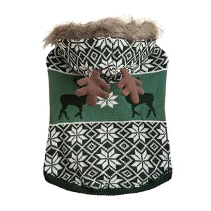 Close-up detail of the cozy winter dog sweater featuring knit reindeer pattern and plush hood.