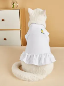 Cute cat dress white pet clothes with pineapple print and cute ruffles, comfortable detail view.