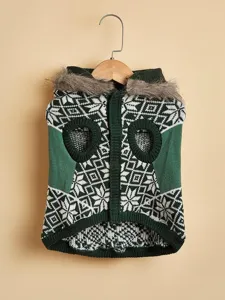 Detailed view of winter thickened knit pet dog sweater with reindeer pattern and fur hood.