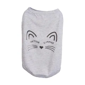 Grey summer pet vest detail featuring cute cat face print and stylish english text design.