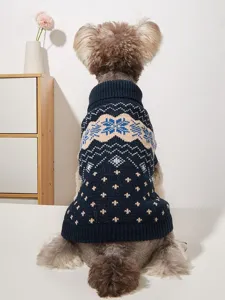 Detail view of autumn winter pet dog sweater turtleneck knitted warm snowflake floral print