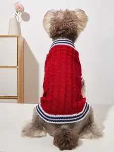 Red cable-knit pet sweater detail featuring navy white striped trim for dogs and cats.