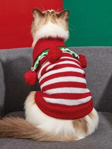 Christmas pet knit sweater with red white stripes, lapel and cute pompoms for cats and dogs.