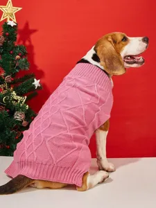 Pink knit dog sweater with diamond pattern, cozy winter pet apparel for small dogs.