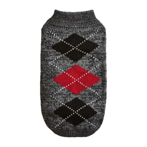 Grey argyle knit dog sweater detail, soft textured winter pet apparel close-up.