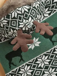 Close-up detail of winter pet dog sweater with Nordic snowflake pattern and cute 3D plush antlers.
