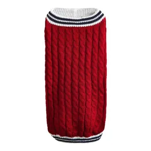 Detailed view of the red cable-knit pet sweater texture, featuring classic navy and white stripes.