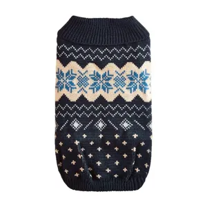 Dog sweater winter warm knit pet clothes turtleneck nordic snowflake pattern navy blue apparel