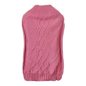 Pink knitted pet sweater with cable knit and diamond pattern, cozy winter warmth for dogs.
