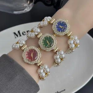 Elegante reloj de pulsera de perlas con esfera floral de pedrería, reloj de cuarzo de moda.