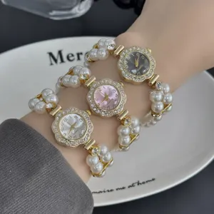 Reloj de Pulsera de Cuarzo a la Moda para Mujer Aleación Doble Fila de Perlas Artificiales Diamante de Imitación Esfera de Flor Joyería Regalo
