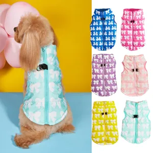 Gilet Chaud d'Hiver pour Chien en Polyester Manteau Rembourré avec Imprimé Nœud Fermeture Éclair et Trou pour Laisse