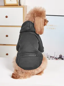 Pet dog cat hooded sweatshirt dark grey clothes with zipper pocket for warm winter daily wear