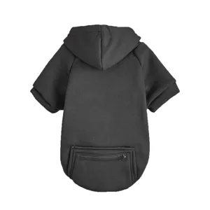 Detail view of black pet hoodie with back zipper pocket, warm two-leg dog sweatshirt.