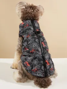 Halloween pet dog warm padded vest with spider web print, back zipper winter apparel.