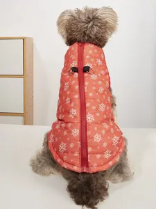Pet winter cotton vest detail showing back red zipper design and white snowflake print.