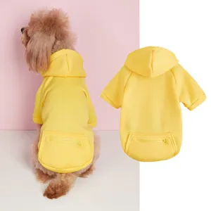 Yellow pet dog hoodie detail showing cozy hood, back zipper pocket and soft fleece fabric.