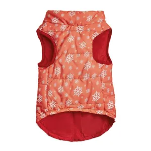 Red winter dog vest with white snowflake pattern, warm quilted pet coat for cold weather.