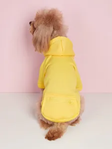 Detail shot of solid yellow pet hoodie, featuring back zipper pocket and cute hooded design.