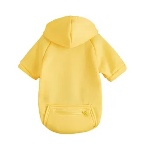 Yellow pet hoodie detail showing the zipper pocket, hood, and short sleeve design for dogs.