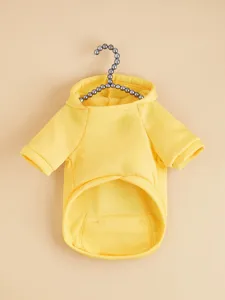Yellow pet hoodie detail, solid color dog sweatshirt close-up with comfortable hood and pocket.