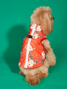 Red Christmas pet padded vest with zipper and D-ring, cute reindeer and Santa print dog clothes.