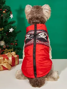 Red pet quilted vest with back zipper, skull pattern, warm winter dog clothes for pets.