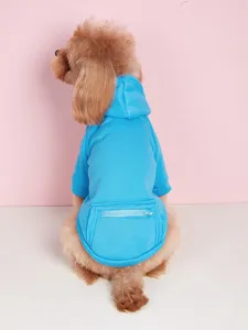 Blue pet dog cat hoodie with zipper pocket, warm comfortable apparel for small animals.