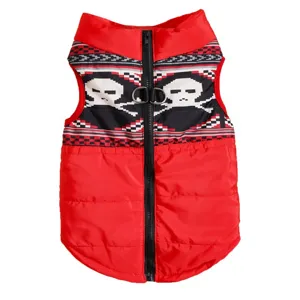 Red and black pixel skull pattern pet winter warm vest with zipper closure and leash d-ring.