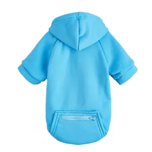 Blue pet hoodie with zipper pocket, comfortable dog apparel detail view for pets.