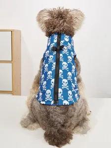 Pet winter skull print padded vest detail, back zipper design with D-ring for dog leash.