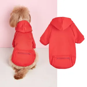 Detailed view of pet red hooded sweatshirt featuring back zipper pocket and comfortable fit.