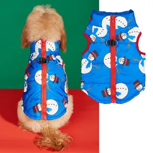 Cute winter dog vest with snowman print warm puffer jacket for small pets outdoor wear.