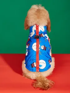 Cute winter dog puffer vest with snowman print, back zipper and leash hole detail view