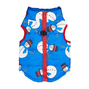 Winter warm dog vest with cute snowman print, red zipper and leash ring, cozy pet winter apparel