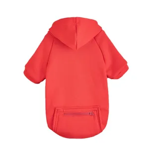 Red solid color pet hoodie detail, featuring a cute hood and a handy zippered pocket.