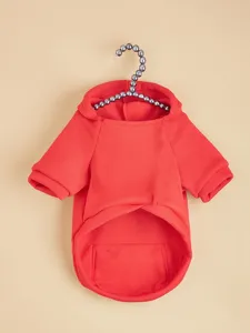 Red pet hoodie detail, warm dog sweatshirt with pocket, cozy fleece puppy apparel.