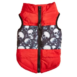 Red black pet winter vest warm dog clothes with skull print and zipper leash hole apparel