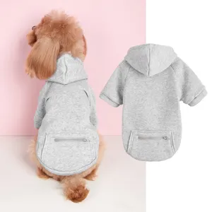 Grey pet dog hoodie with zipper pocket, warm two-leg apparel for small dogs and cats daily wear.